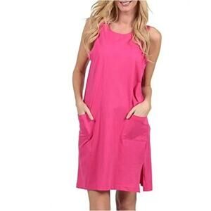 Sleeveless Hot Pink Stretch Knit Tank Mini Dress Scoop Neck Front Patch Pocket M